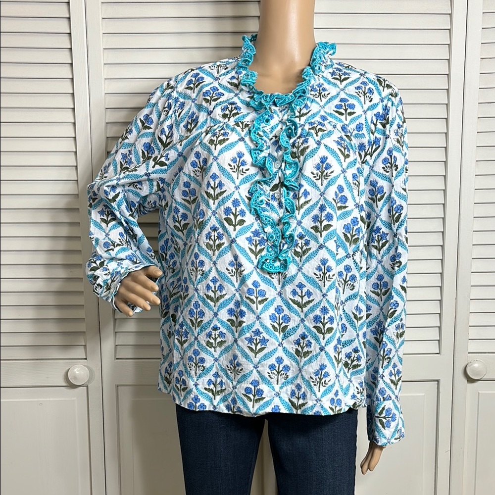 Mary Marshmallow Floral Ruffle Blouse Blue XL